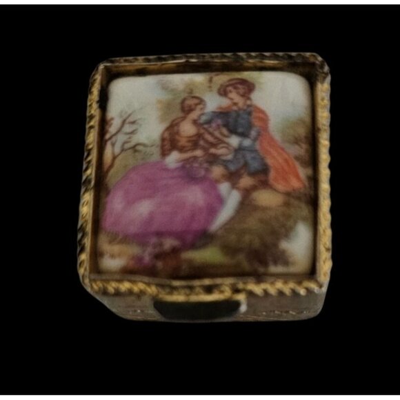 Antique Brass Hinged Trinket Box w/ Romantic Scene Porcelain Lid 1" Square READ - Picture 1 of 7
